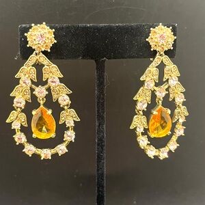 Vintage Monet gold tone pink rhinestone chandelier clip earrings